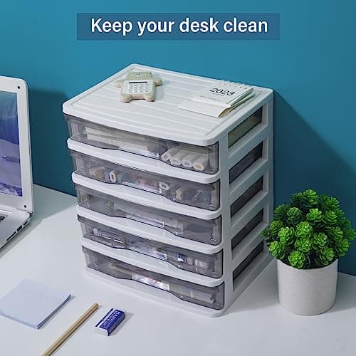 Charmewooden Plastic Drawers 5 Layer Desktop Storage, Small Organizer Box Storage Container Case, Desktop Organizer with Clear Drawers for Home, Office, Stationery, Jewelry and Cosmetics 6