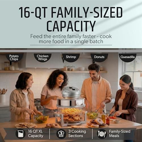 Granitestone 16Qt Large Glass Air Fryer Non Toxic – Family Sized Airfyrer Cooker with 3 Cooking Sections, Stainless Steel Racks, for French Fries, Chicken, No Preheat, Self Cleaning, Dishwasher Safe 7