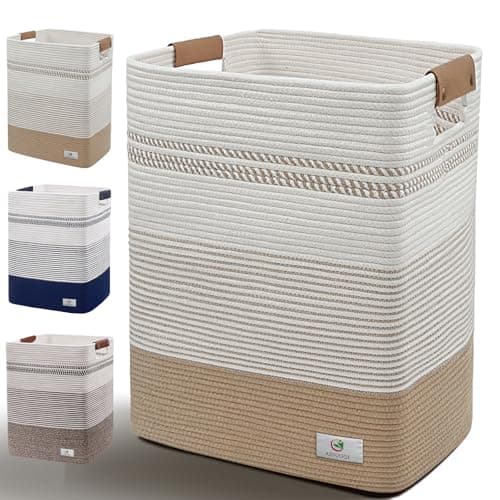 AINUOQI Laundry Hamper Large Laundry Basket with Leather Handles, Decorative Storage Cotton Rope Woven Basket for Blankets, Clothes Hamper for Living Room, Jute & White, 85L