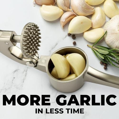 Zulay Kitchen Large Premium Garlic Press Set - Bigger Bowl for Bigger Garlic - Rust Proof Garlic Mincer Tool - Easy-Squeeze, Easy-Clean Silicone Garlic Peeler & Brush (Silver) 6