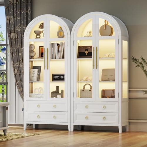 Vlsrka 71 Inch Arched Curio Cabinet, 4-Tier Display Cabinet and 2 Drawers, Tall Bookcase with 3 Color Lights, Display Case with Glass Doors, Kitchen Pantry, White 9