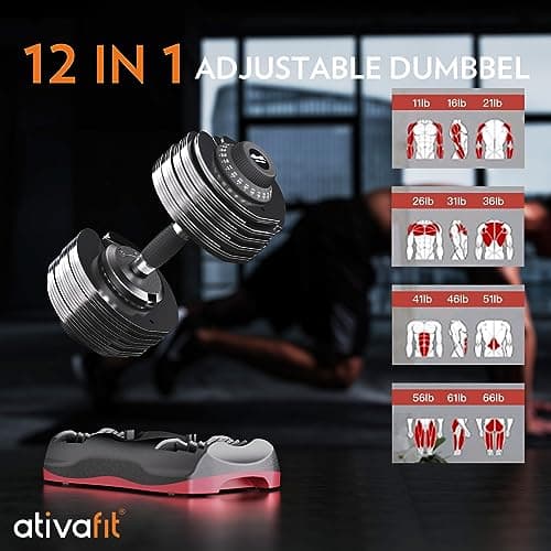 ATIVAFIT Adjustable Dumbbell Set with Storage Box, 12-in-1 Quick Dial Free Weights with Safety Lock & Anti-Slip Steel Handle, Home Gym Equipment for Strength Training (66LBS Pair) 5