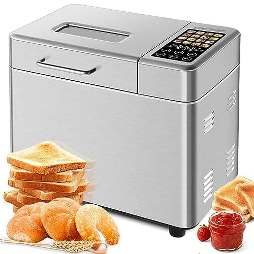 SEEDEEM 16 in 1 Bread Machine, 2.2LB Stainless Steel Bread Maker with Fruit and Nut Dispenser, Nonstick Ceramic Pan, 3 Crust Colors, 3 Loaf Sizes & Touch Panel Recipes, Silver