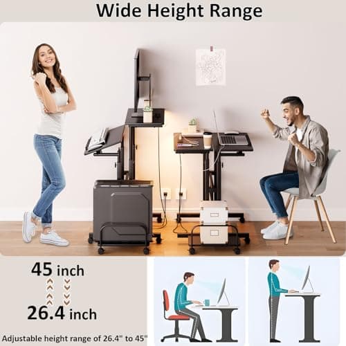 Dripex Mobile Standing Desk with Power Outlets & Strip Lights, Rolling Small Desk, Adjustable Height Laptop Table with Wheels, Portable Sit-Stand Workstation for Home Office 6
