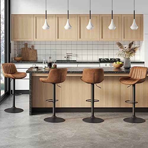 Volans Bar Stools Set of 4, Mid Century Modern Faux Leather Swivel Adjustable Height Bar Stool, Counter Height Pub Bar Chair with Back, Black Powder Coated Base, Yellow Brown