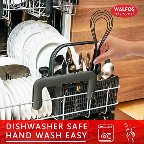 Walfos Silicone Flat Whisk,11inch Flat Whisk Non Scratch Coated Flat Whisks for Cooking.Great for Ceramic Coated pans and Wider shallower pots.Black 8
