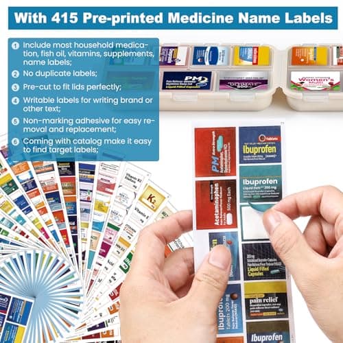 14 Grids Travel Pill Organizer Box with 415-Pcs Medicine Name Labels - Pocket Daily Pharmacy Case Container Kit - Travel Medication Holder Dispenser for Fish Oil Vitamin Supplement Storage - Khaki 2