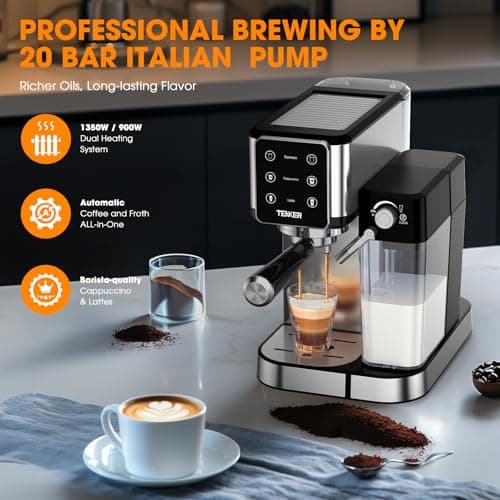 TENKER Espresso Machine, 20 Bar Cappuccino Machine with Automatic Milk Frother, 3-in-1 Coffee Machine, 1350W Dual Boiler Latte Maker, Touchscreen Espresso Coffee Maker, Stainless Steel 5