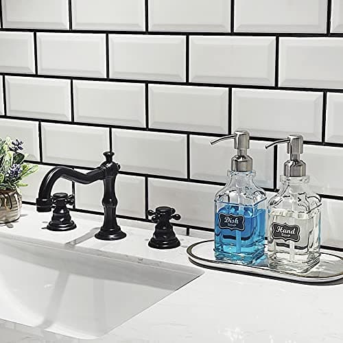 JASAI 2Pack Antique Design Glass Soap Dispenser with Rust Proof 304 Stainless Steel Pump, Refillable Hand Soap Dispenser with 10Pcs Stickers, Premium Soap Dispensers for Kitchen & Bathroom (Clear) 5
