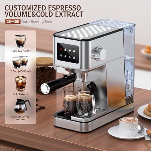 QJA Espresso Machine with Milk Frother, 20 Bar Compact Coffee Machine with Touch Screen & 57.5oz Removable Water Tank for Home, Stainless Steel Espresso Maker for Cappuccino, Latte, Silver 3