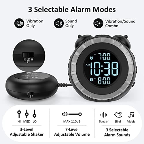 uscce Loud Dual Alarm Clock with Bed Shaker - 0-100% Dimmer, Vibrating Alarm Clock for Heavy Sleepers or Hearing Impaired, Easy to Set, USB Charging Port, Snooze, Battery Backup 5