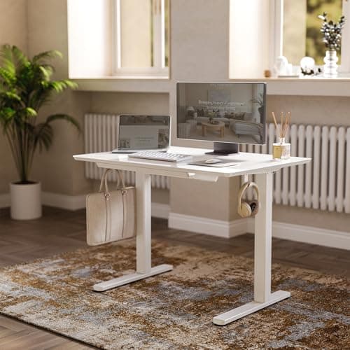 Claiks Glass Standing Desk with Drawers, 40×24 Inch Adjustable Stand Up Desk Quick Install Home Office Computer Desk, White 2