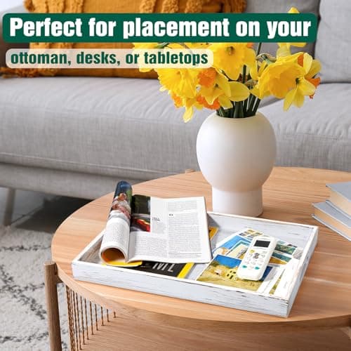 17 Inch Rustic White Serving Tray with Handles - Large Wooden Tray for Ottoman, Breakfast in Bed, Dinner, Coffee Table - Decorative Rectangular Tray for Living Room Bedroom Entryway and Kitchen Decor 5