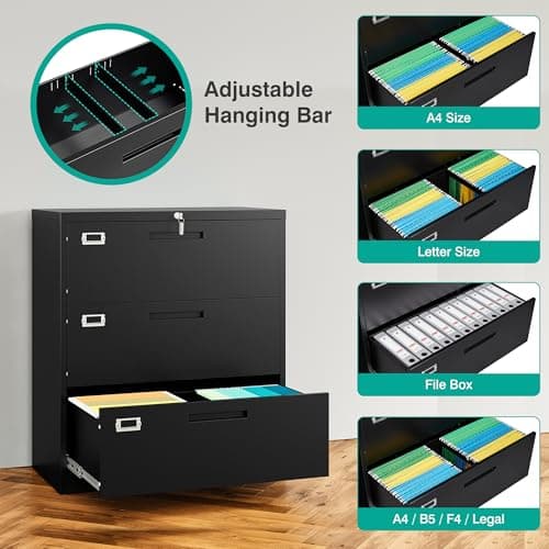 SISESOL 3 Drawer Lateral File Cabinet with Lock,Black Lateral Filing Cabinet,Horizontal Metal Filing Cabinet,Locked Wide Three Drawer File Cabinet for Office Home,Fit A4/F4/Letter/Legal File 6
