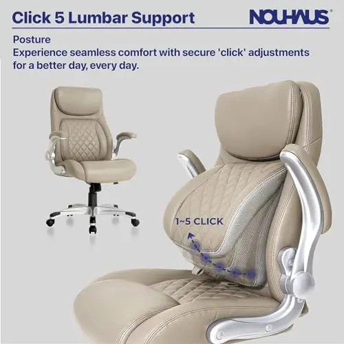 Nouhaus +Posture Ergonomic PU Leather Office Chair. Click5 Lumbar Support with FlipAdjust Armrests. Modern Executive Chair and Computer Desk Chair (Taupe) 7