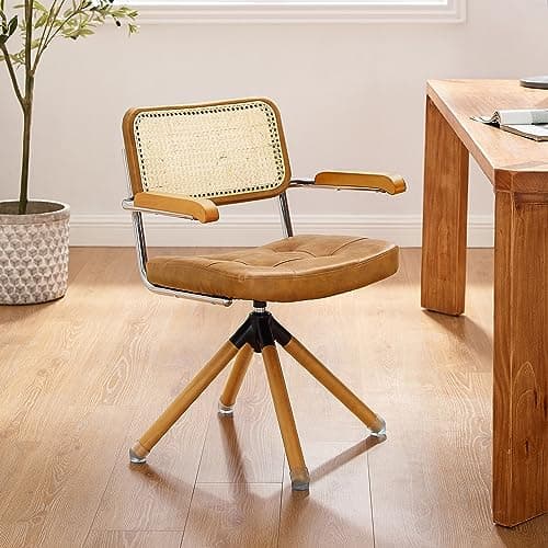 Art Leon Rattan Desk Chair - Faux Leather Upholstered Mid Century Office Chair, Vintage Swivel Accent Chair with Wood Legs, Brown