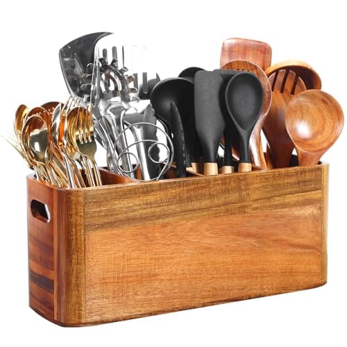 Kitchen Utensil Holder for Counter or Countertop, Extra Large Acacia Wood Organizer with 4 Compartments, Wooden Storage for Cooking and Silverware, Rustic Minimalist Decor, Sturdy Utensil Crock