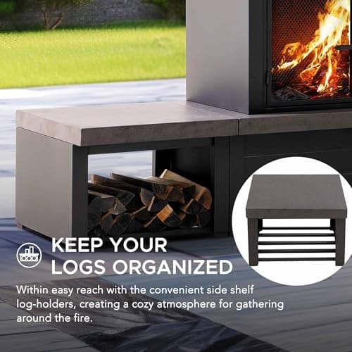 SUNJOY Outdoor Fireplace with Wood Storage and Chimney, Steel Metal Wood Burning Fire Pit with Mesh Spark Screen Door & Fire Poker, Fireplace Tool and PVC Cover, for Patio Garden Deck Backyard, Brown 5