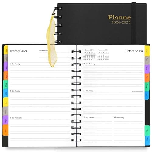 Daily Planner 2024-2025 - 18 Month Planner with Tabs, Calendar Yearly Monthly Weekly Spiral Time Management Planner, May 2024 - October 2025, Flexible Cover, 100GSM Thick Paper, A5 Size, Black
