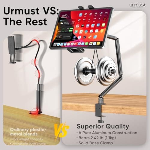 Urmust Portable Monitor Stand 15.6", iPad Stand for Desk, Portable Monitor Holder up to 18.5" Holds, Adjustable Desktop Tablet Arm Mount, Apple iPad Holder for Desk, for 4.7"-12.9" i Pad Pro/Air/Mini 7