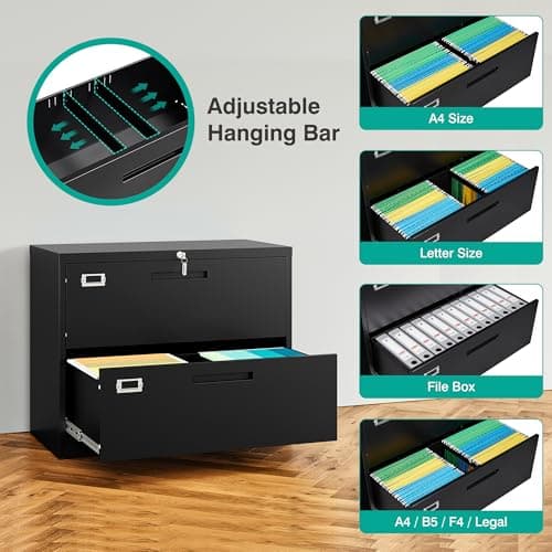 SISESOL 2 Drawer Lateral File Cabinet with Lock,Black Lateral Filing Cabinet,Horizontal Metal Filing Cabinet,Locked Wide Two Drawer File Cabinet for Office Home,Fit A4/F4/Letter/Legal File 5