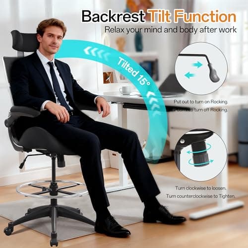 BOLISS Drafting Office Chair 400lbs High Back Wide Standing Desk Chair Comfortable with Flip up Armrests Lumbar Support Adjustable Big Footrest Ring(Black) 7