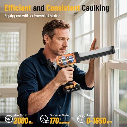 Uaoaii Electric Caulking Gun, Cordless Caulking Gun with 2x 2000mAh Batteries, 9Pcs Silicone Caulking Tools, 4 Adjustable Speeds, LED Light, 10OZ Battery Silicone Gun for Filling, Sealing (Yellow) 6