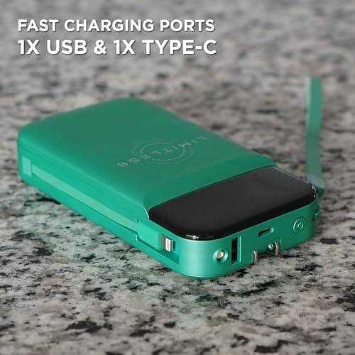 Limitless Innovations Ultimate Pro 15,000mAh Portable Power Bank PD 20W with Built-in Cables, Wireless Charging, Flashlight, Wall Plug, & Digital Display, for iPhone, Samsung, & More (Green Metallic) 9