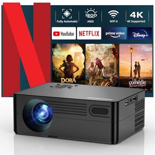 【Compatible with Netflix & Built-in Apps】Smart Projector with WiFi and Bluetooth, AI Auto Focus & Keystone Portable Movie Projector, Native 1080P 4K Support Home Theater Outdoor Proyector-Metallic