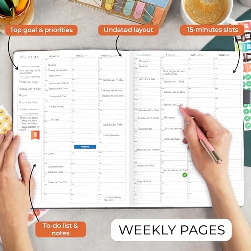 Clever Fox Appointment Book – Hourly Schedule Planner with 15-Minute Increments – Time Box Planner for Daily Work & To-Dos – Weekly & Monthly Spreads, Undated, Hardcover, 8.3x11″ (Silver Black) 3