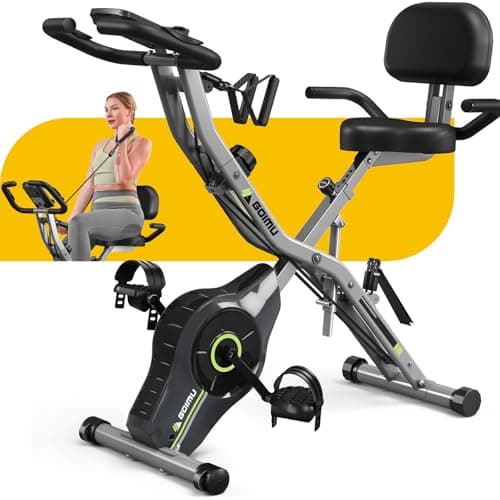 Goimu Exercise Bike, 5 in 1 Foldable Stationary Bike for Seniors, 16-Level Adjustable Magnetic Resistance, Indoor Workout Bike with 330LB Capacity, Comfortable Seat Backrest X-bike (Grey-1)