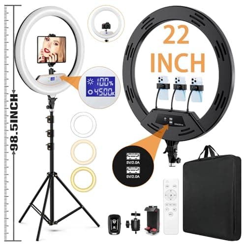 22"Ring Light with Stand,Ring Light Tripod for iPhone ipad,with 75"Tripod/LCD Display/4 ipad iPhone Clips/2 USB Ports,2600K-6500K Color Temperature,for Barber Makeup Tattoo TikTok Video Recording Vlog