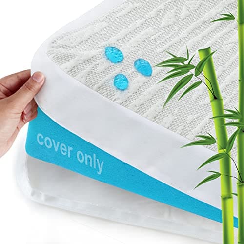Mattress Topper Cover Protector King Size 3 Inch, 100% Waterproof Viscose Cooling Mattress Encasement Zippered with Adjustable Straps, Fit Memory Foam Mattress Topper