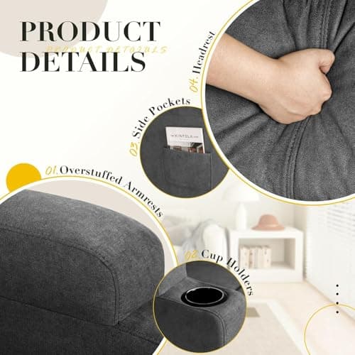 Recliner Chair,360° Swivel Rocker Chair for Adults, Rocking Recliner Chair with Massage, Comfy Single Sofa with Side Pockets Cup Holders for Living Room, Bedroom, Nursery (Fabric, Gray) 7