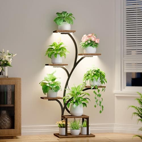 BACEKOLL Plant Stand Indoor with Grow Lights, 7 Tiered Indoor Plant Shelf, 49" Corner Plant Stands for Indoor Plants, Metal Plant Flower Display Shelf, Tree-Shaped Plant Rack for Home, Patio, Brown 8