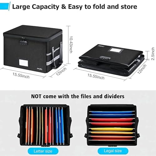 JALIELL File Box with Lock, Fireproof Document Box File Organizer with Zipper & Adjustable Handle, Collapsible File Storage Box for Home Office, Filing Cabinet for Hanging Letter/Legal Folder 6