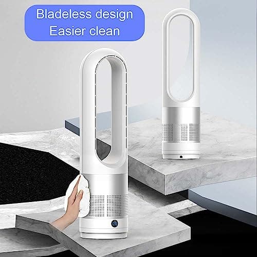 Voagupa Bladeless Heater and Fan Combo, All the Season, 80° Oscillating with Remote and Touch Control, 8H Timer, 24 Inch, Floor Fan for Indoor Use, Large Room, Silver White 7