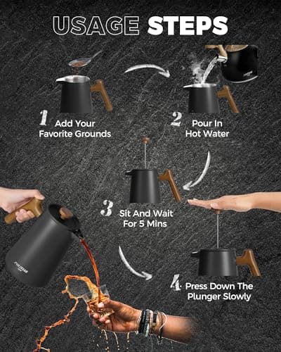 POLIVIAR French Press Coffee Maker, 34 oz Coffee Press with Real Wood Handle, Double Wall Insulation & Dual-Filter Screen, Food Grade Stainless Steel for Good Coffe and Tea, JX2025-XFPB 6