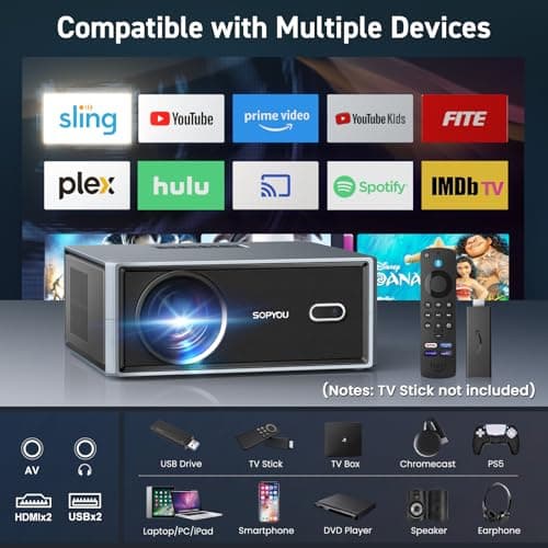 [Short Throw/2500 ANSI/E-Focus] SOPYOU 4K Decoding Projector with WiFi and Bluetooth, Outdoor Movie Projectors, Max 450" Display Home Theater, Portable Smart Proyector for iOS/Android/TV Stick/PS5 7