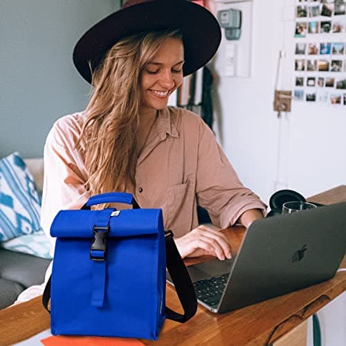 SUNNY BIRD Insulated Lunch Bag Rolltop Lunch Box Tote Lunchbox Bag for Women, Men, Adults and Kids (Blue) 6