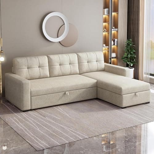 Ball & Cast Convertible Sofa Bed with Reversible Storage Chaise,Linen Sleeper Sofa Couch L Shaped Pull Out Couch Bed,Small Corner Sectional Sofa Couches for Living Room,Beige 5
