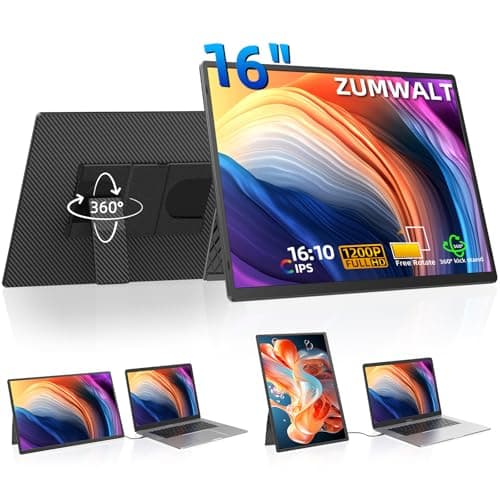 Portable Monitor, 16 Inch 1200P FHD Laptop Screen Extender Dual Monitor, 360° Rotating Detachable Stand Plug n Play, Ultra Slim Zero Frame, Travel Portable Screen for Laptop/PC/Mac/Windows/PS5