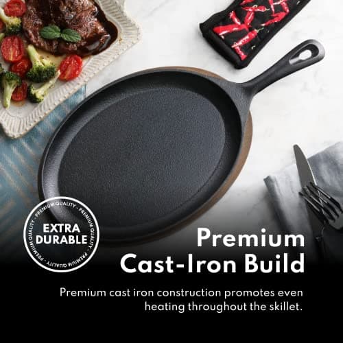 New Star Foodservice 1028614 Commerical Grade Cast Iron Fajita Set, Sizzling Skillet, Japanese Steak Plate 6