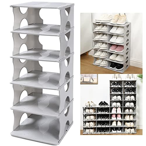 TXALWIQ 6-Tier Shoe Rack, Stackable Storage Organizer for Bedroom Entry, Adjustable Rack, Shoe Slots Shelf, Easy Tower Rack, Grey