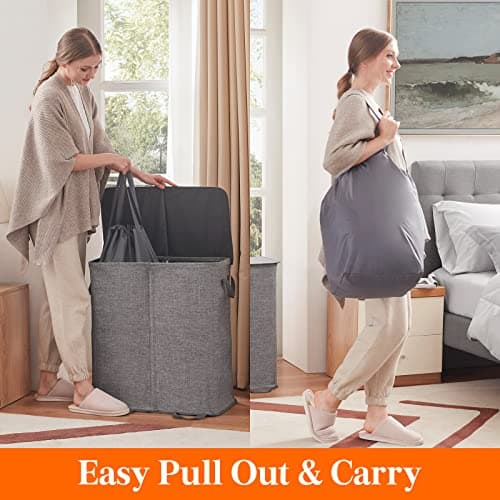 Lifewit Double Laundry Hamper with Lid and Removable Laundry Bags, Large Collapsible 2 Dividers Dirty Clothes Basket with Handles for Bedroom, Laundry Room, Closet, Bathroom, College, 136L Gray 5