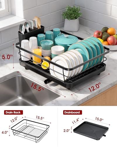 Sakugi Stainless Steel Dish Drying Rack for Kitchen Counter, Sink Organization and Storage Essentials with Silverware & Utensil Holder, Home and Apartment Decor, 12''W x 15.5''L, Black 5