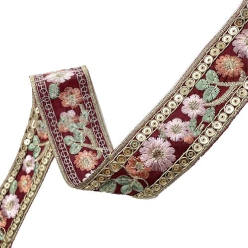 CABODYALS 10 Yards 1.57 Inch Flower Jacquard Ribbon Embroidered Sequin Beads Red Embroidery Trim Tape Boho Floral Fabric Applique Ribbons for Sewing Making Crafts Clothes Christmas Embellishment Decor