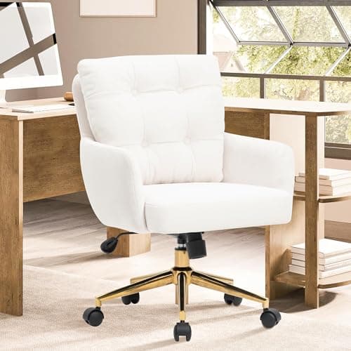 BALIAA Flannel Office Chair, Comfy Home Office Desk Chairs with Lumbar Support, Modern Velvet Desk Chair Gold Legs Small Swivel Task Chair for Home Office, Bedroom, Study (Beige, L) 7