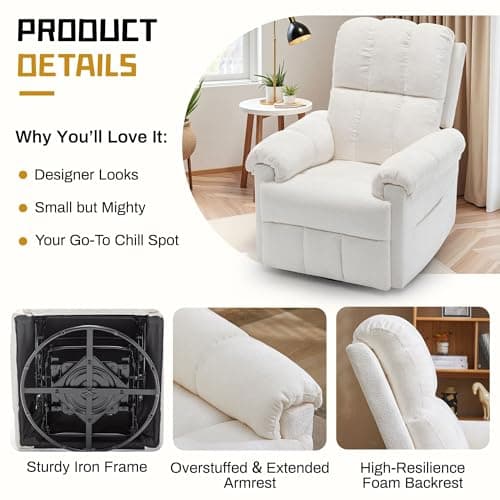 Korser Recliner Chair, Swivel Rocker Recliner Chair for Adults, Small Recliners for Small Spaces, Upholstered Manual Recliner with Side Pockets, Nursery Rocking Chair for Living Room, Chenille, Beige 5
