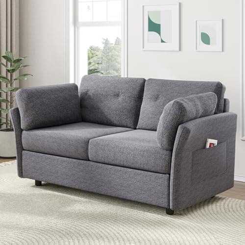 Novilla 57" Small Couch - Grey Linen Fabric Loveseat Sofa with 2 Bolster Pillows, Toolless Assembly